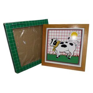 New Vintage Wood Frame. Ceramic Tile Trivet Wall Hanging Cow 7' X 7' Tiawan Made